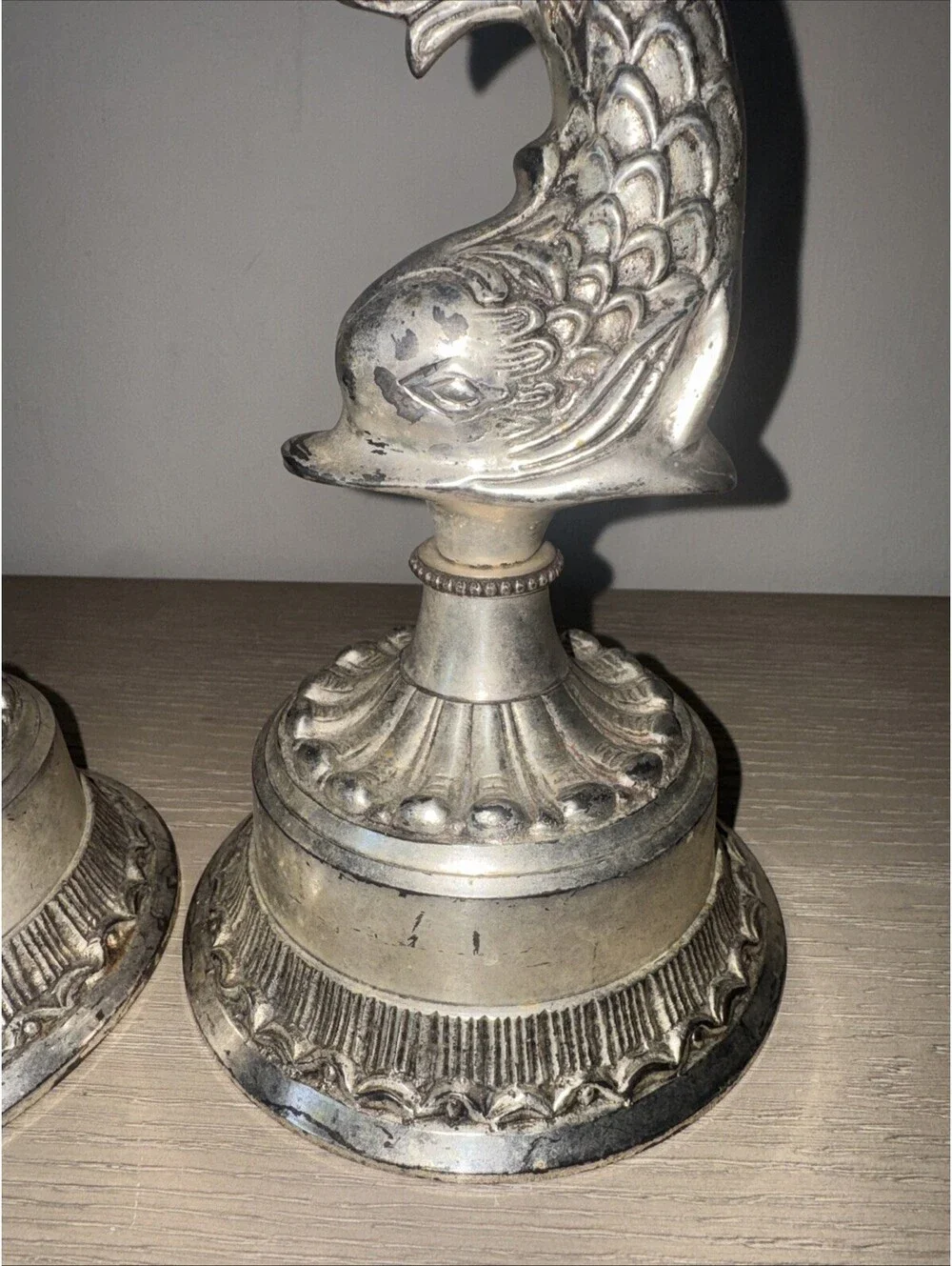 Hollywood Regency Style Silver Plated Dolphin Koi Fish Tall Candle Holders 16 in
